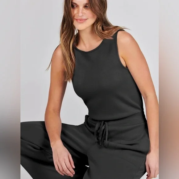 NEW-Soft  women’s black elastic waist
Draw string  cotton, one piece jumpsuit - Picture 4 of 9